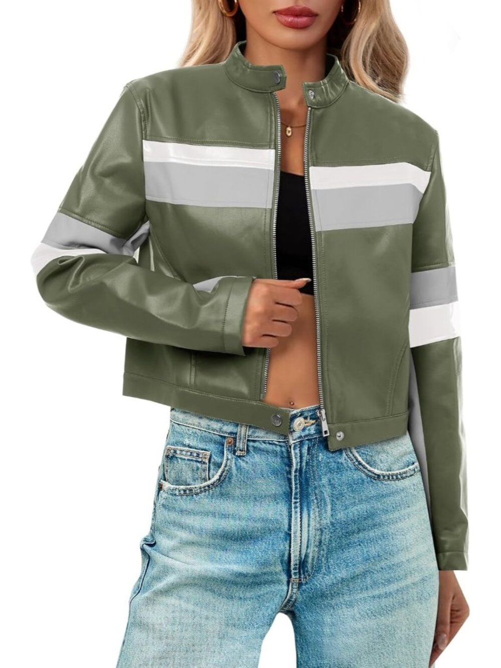 〽️Women's Army Green Cropped Moto Biker Jacket Faux Leather Racing Coat Vintage